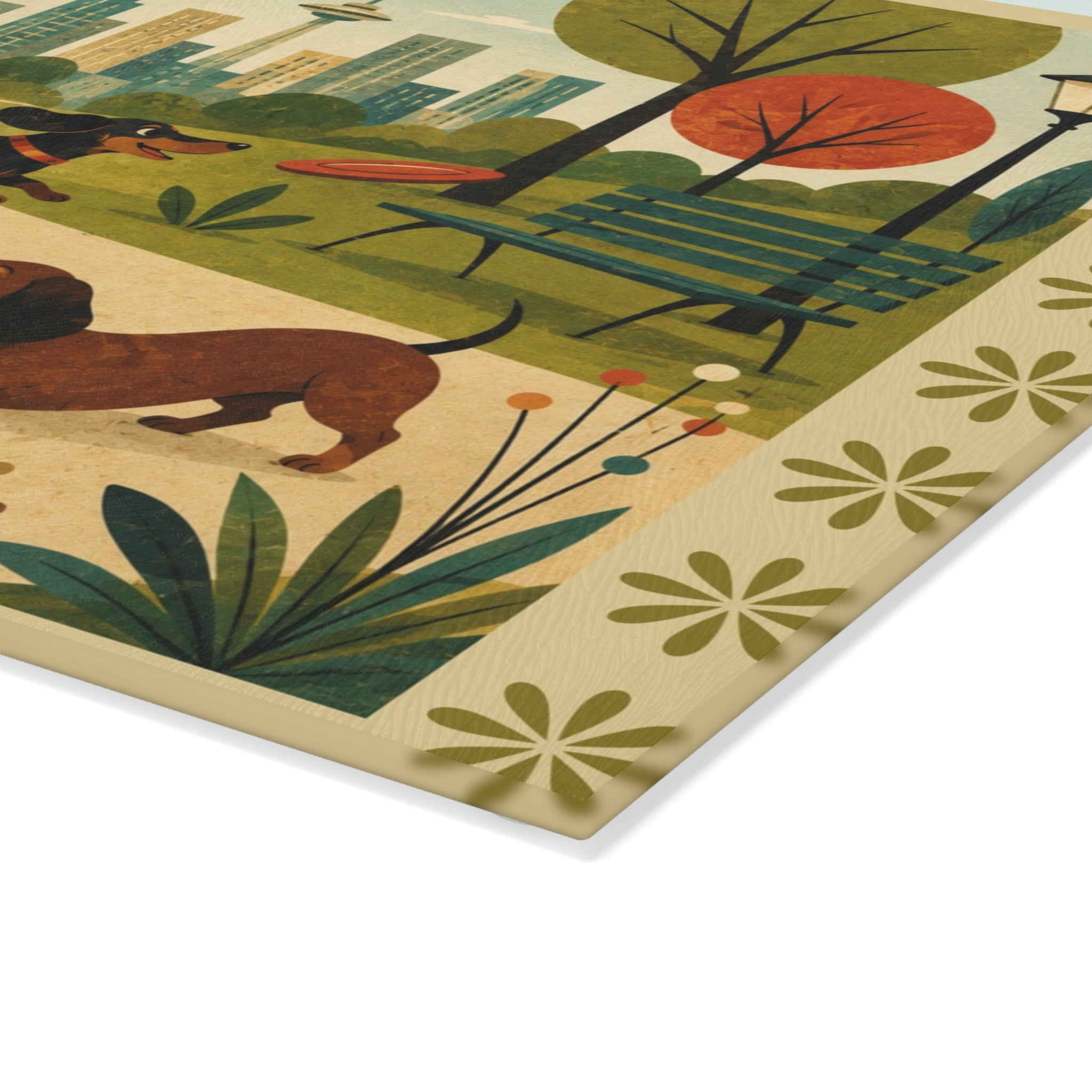 MCM Dachshund Park Scene Glass Cutting Board | Sausage Dog Illustration