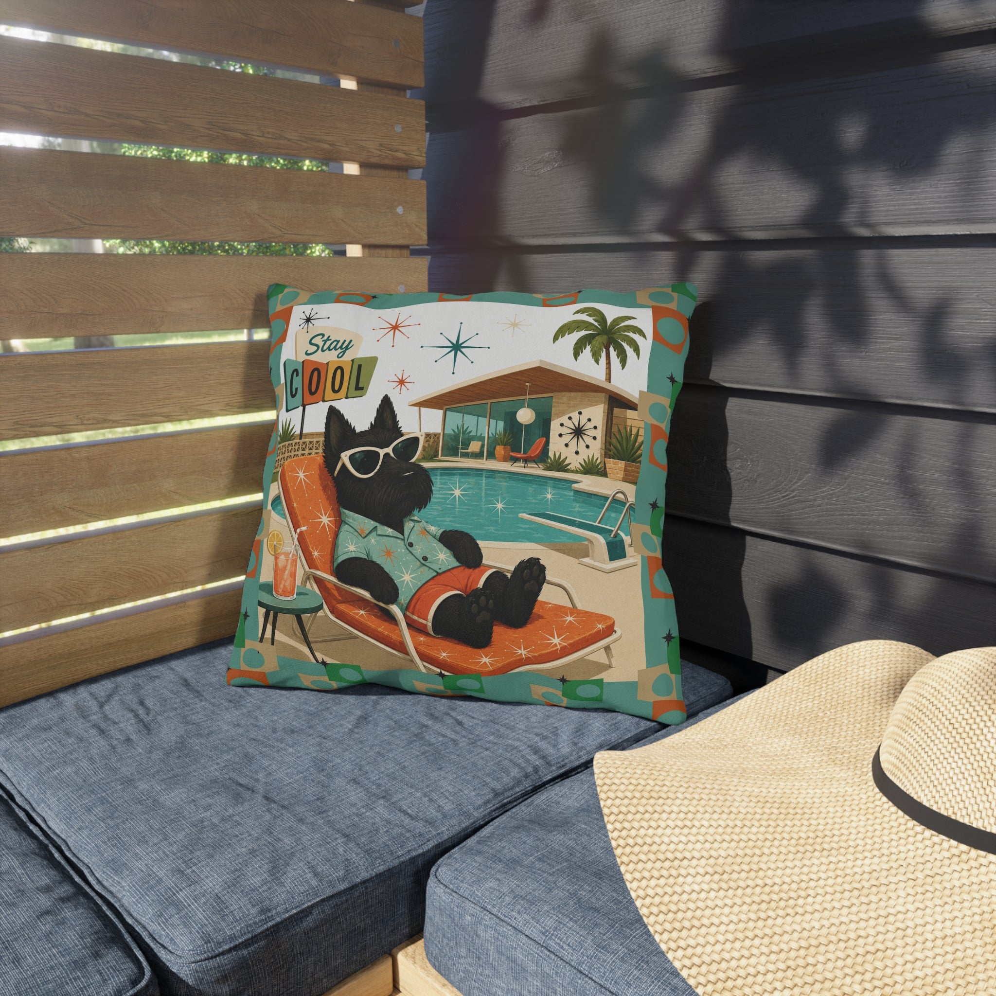 Retro Poolside Scottie Dog Stay Cool Outdoor Pillow | Mid Century Modern