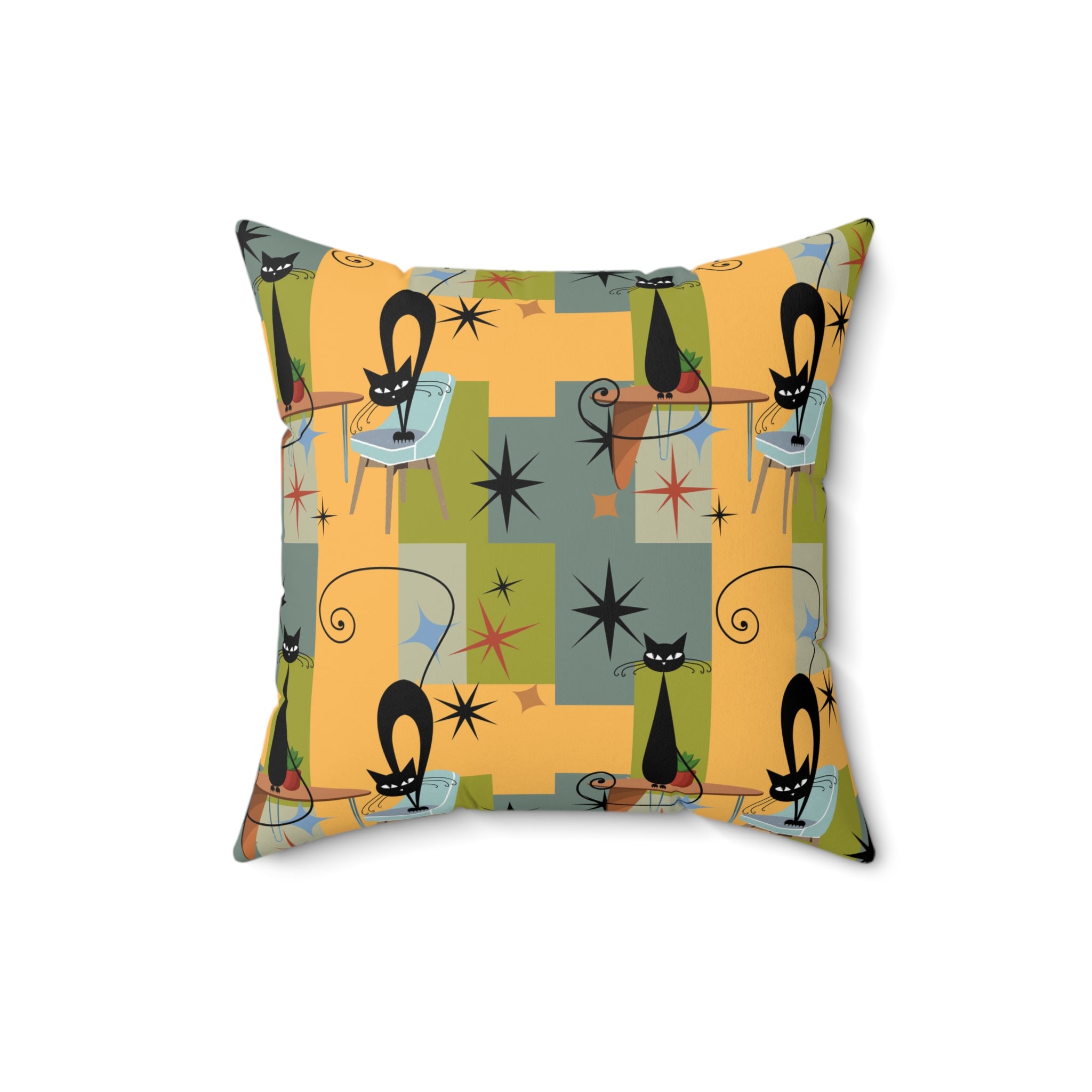 Mid-Century Black Cat Decorative Pillow — Retro Starburst Pattern
