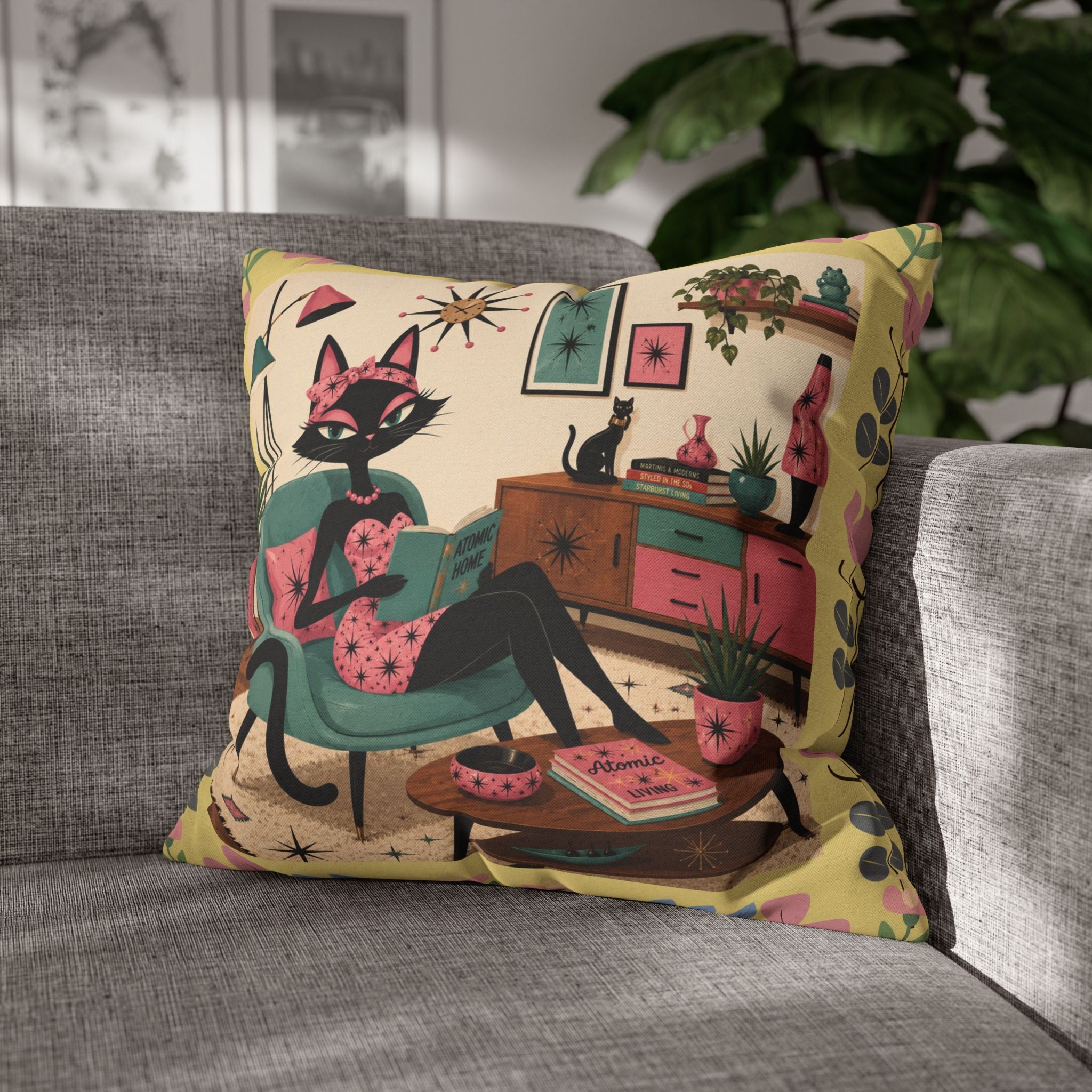Retro Mid Century Atomic Cat Lounge Pillowcase | Square Pillowcase - COVER ONLY