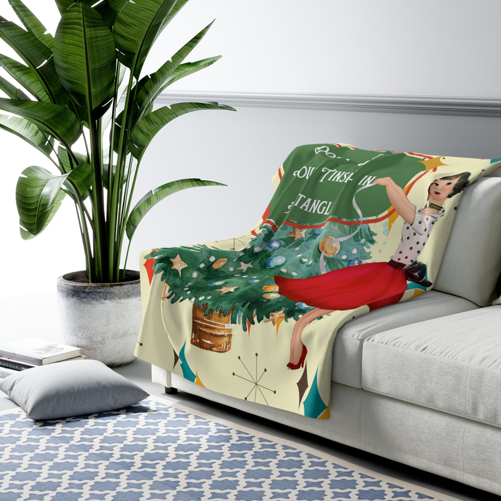 Vintage Christmas Sherpa Blanket — "Don’t Get Your Tinsel in a Tangle" Retro Holiday Throw