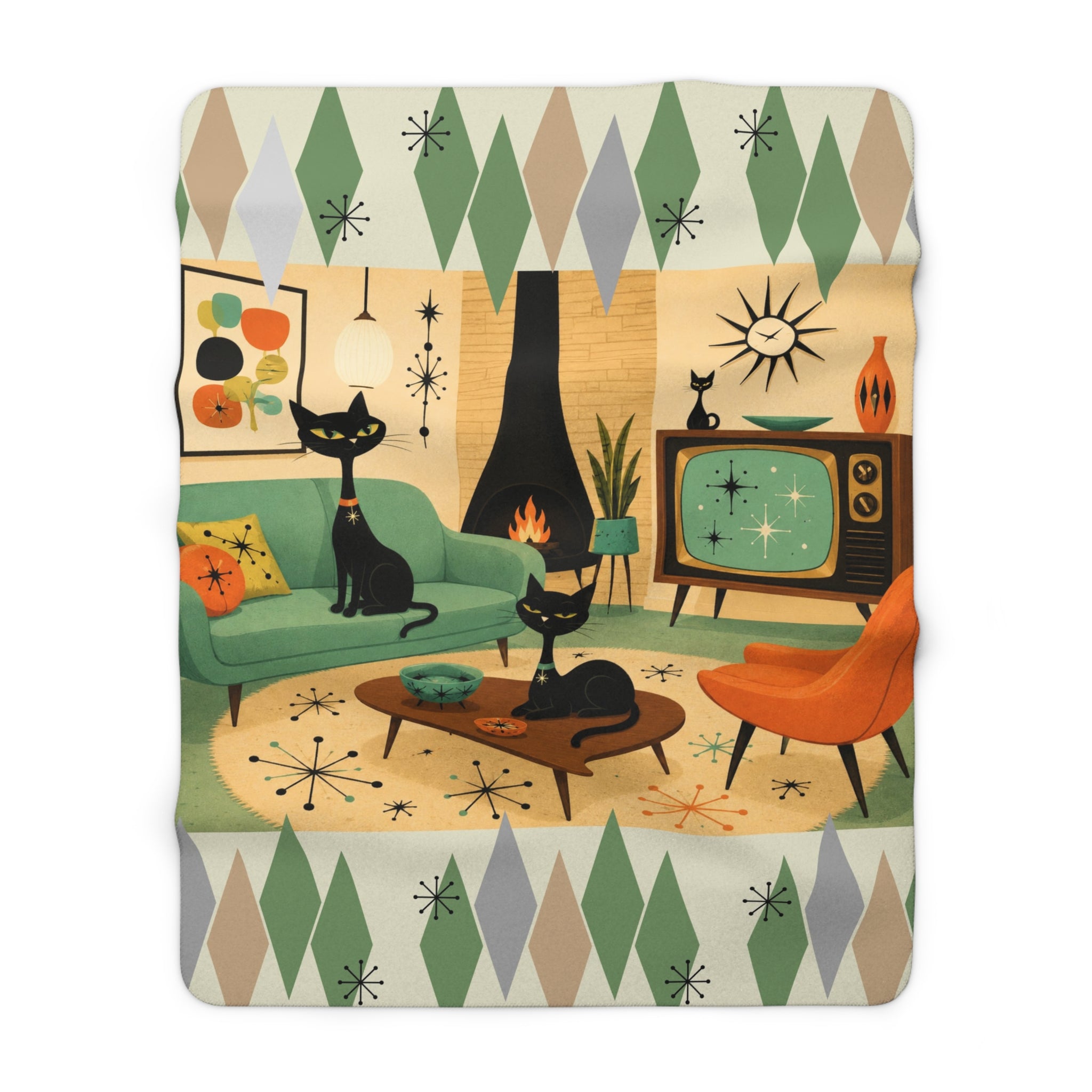 Mid Century Atomic Black Cats Living Room Sherpa Fleece Blanket | Retro Atomic Art