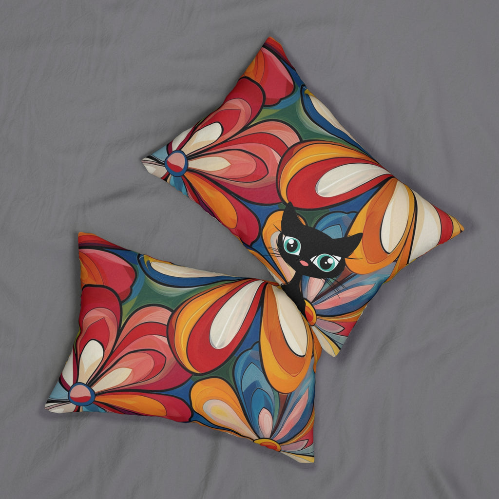 Atomic cat colorful floral art Spun Polyester Lumbar Pillow, retro inspired, flower power cushion, bedroom living room, black cat lover gift