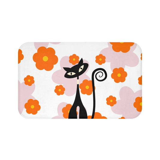 Orange and pink Atomic cat Bath Mat, Retro flower bathmat, MCM bathroom decor, black cat lover gift, Mid Mod 50s 60s kitschy inspired