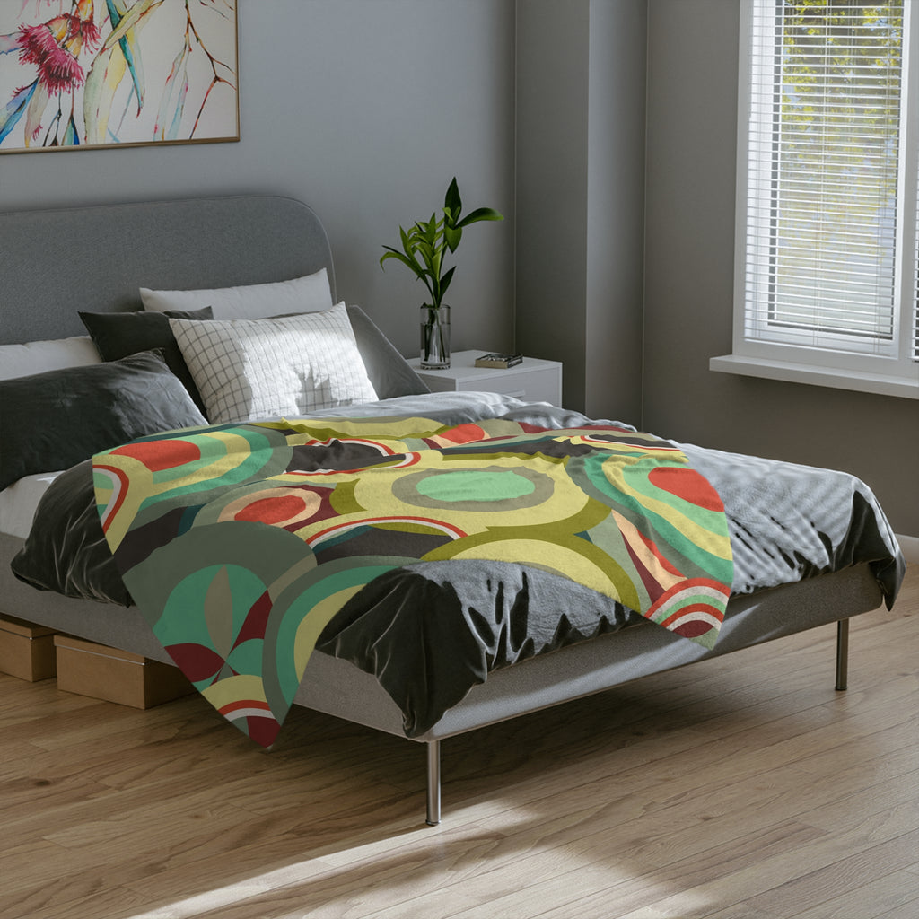 Retro colorful circles Velveteen Microfiber Blanket, Mid Century Modern, MCM throw, bedroom living room decor, geometric shapes bedding