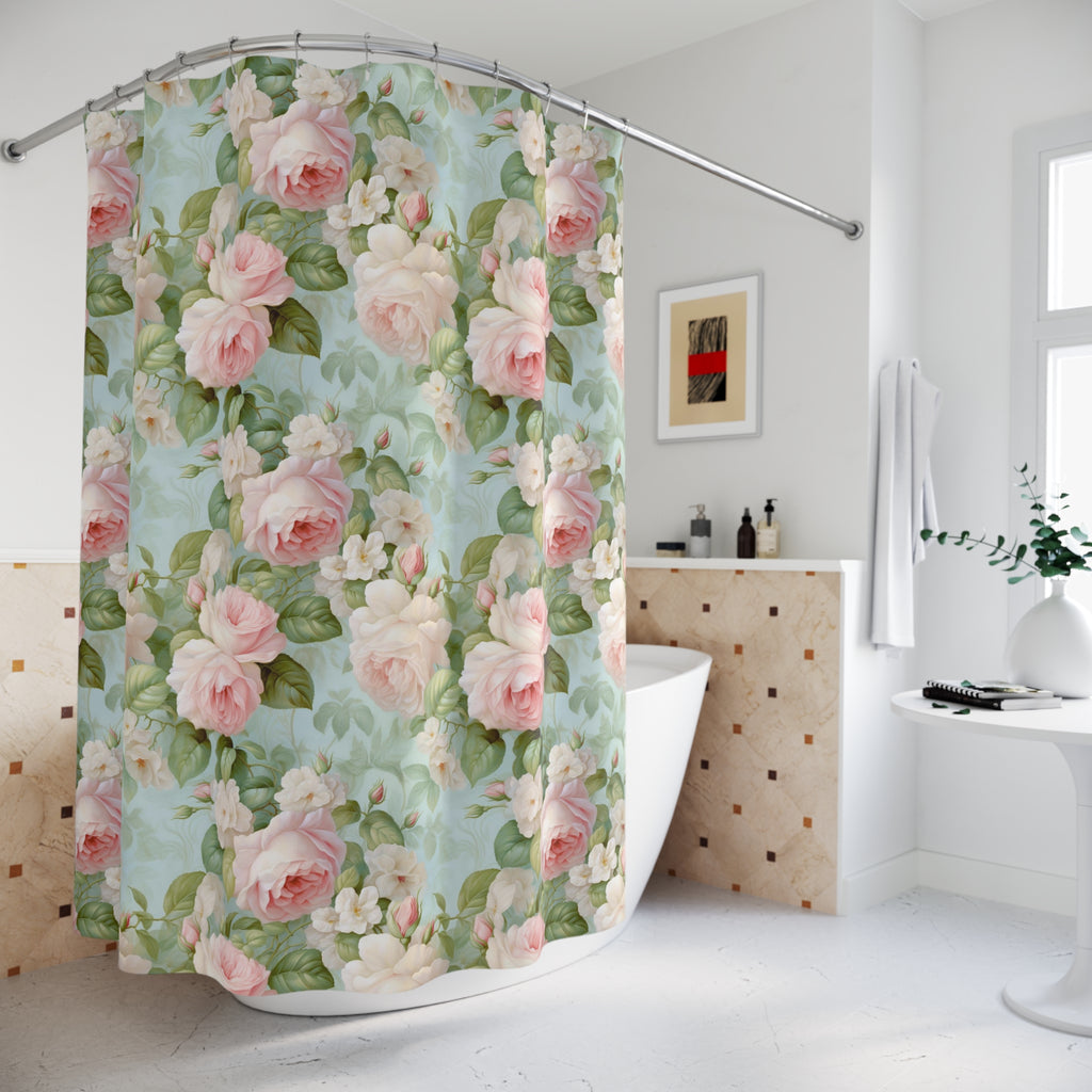 Stunning Pink Rose Garden Shower Curtain with Delicate White Accents, stall, bathtub, vintage roses, floral curtain