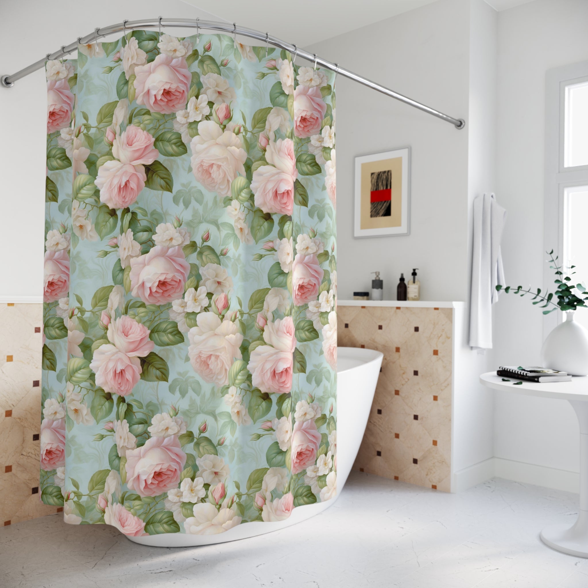 Stunning Pink Rose Garden Shower Curtain with Delicate White Accents, stall, bathtub, vintage roses, floral curtain