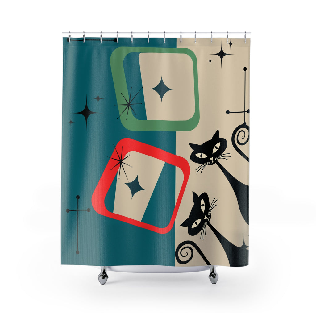 Mid-Century Modern Cat Shower Curtain — Retro Atomic Starburst Bathroom Decor