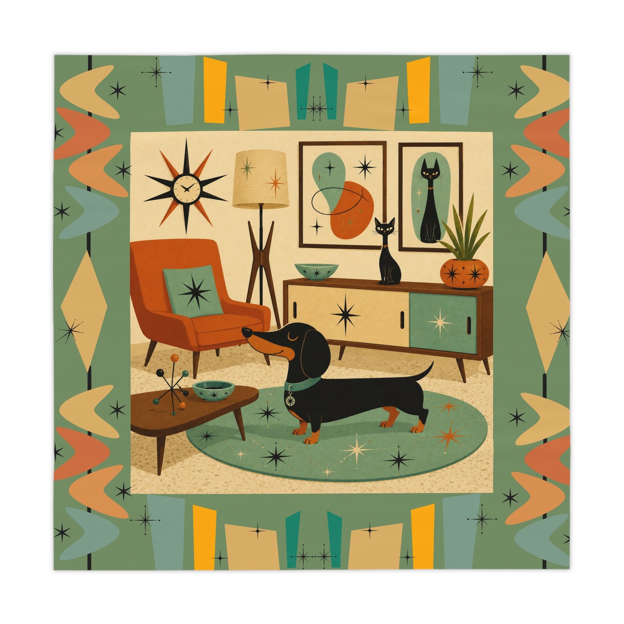 Mid Century Dachshund Living Room Tablecloth | Retro Atomic tableware
