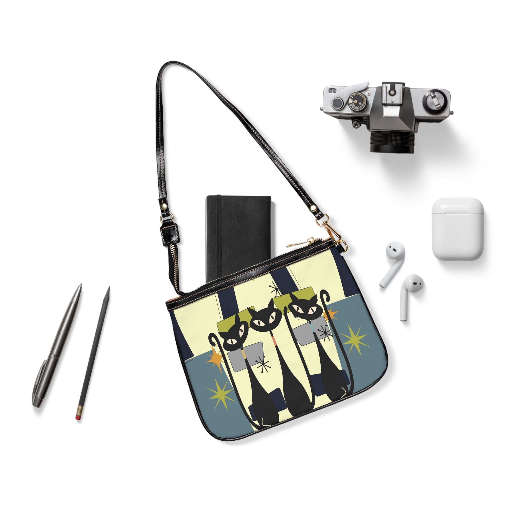 Retro Black Cats Shoulder Bag — Mid-Century Modern Small Purse