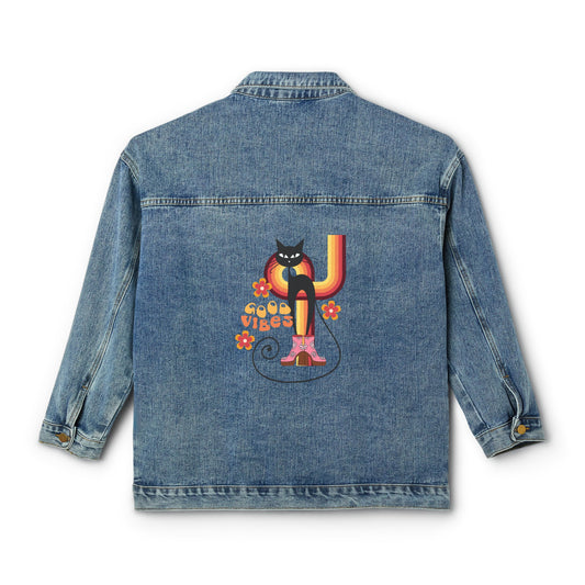 Atomic cat god vibes 70s Women's Denim Jacket, mid century modern, ladies oversized, retro inspired, black cat lover jacket