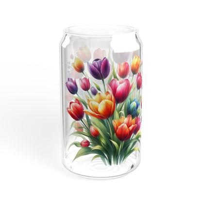 Colorful tulips floral Sipper Glass, 16oz, flower drinking glass, cocktail glass, coffee cup, iced coffee glass