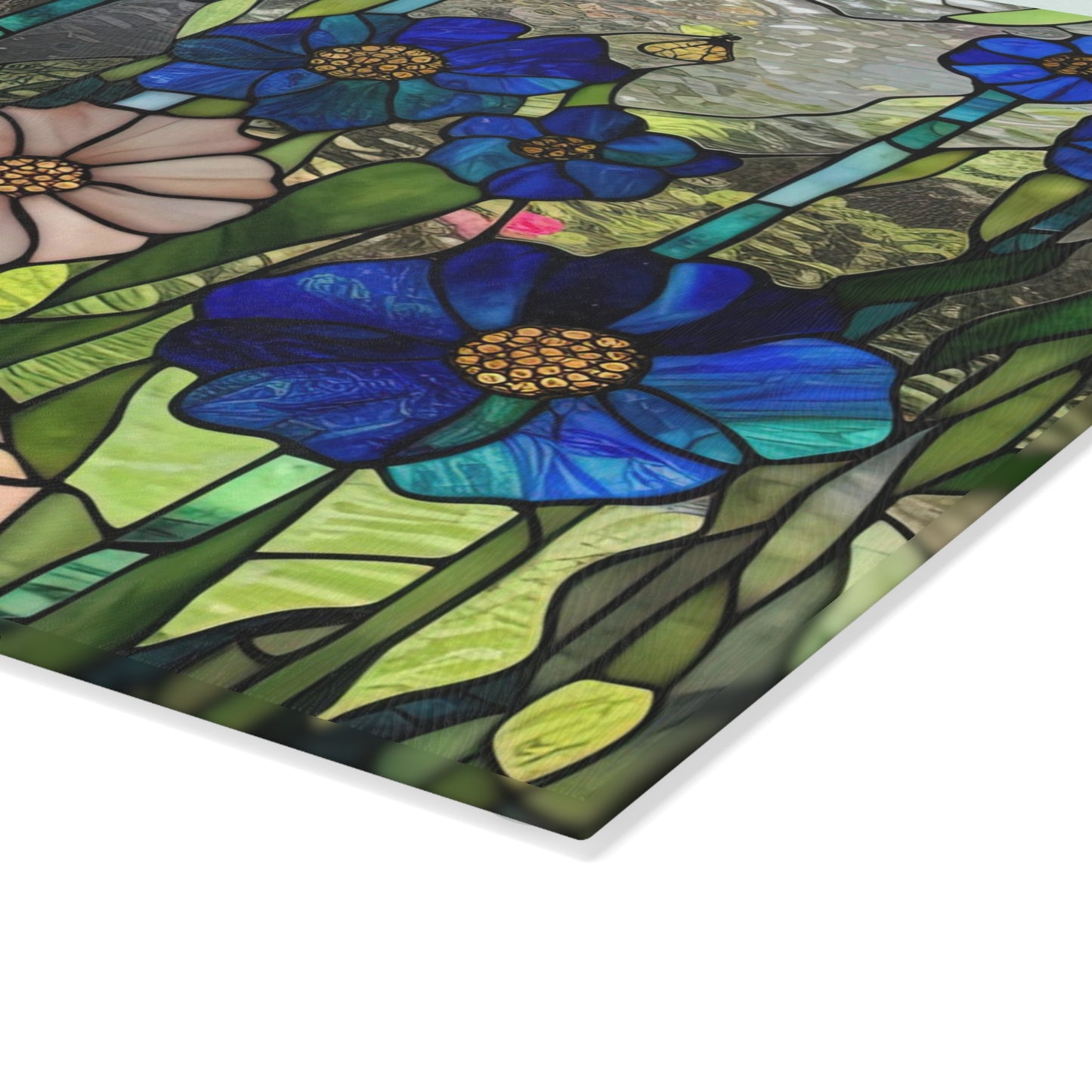 Glass Cutting Board, stained glass look, flower garden, cheese board, bread, serving, tempered glass chopping board