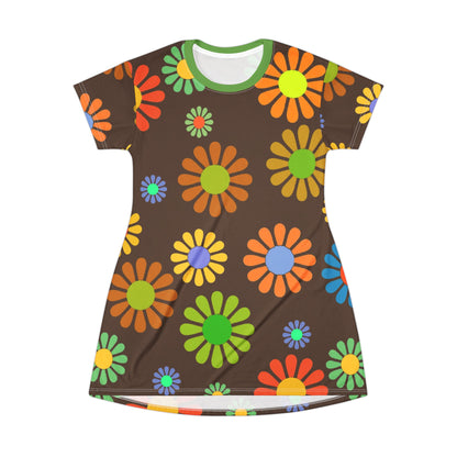 Hippie flowers retro Groovy T-Shirt Dress, retro party, summer beach dress, flower power dress