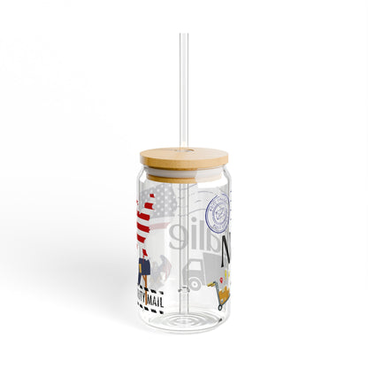 Personalized Sipper Glass, 16oz, delivery driver gift, courier iced coffee cup, USA drinking glass, patriotic glass