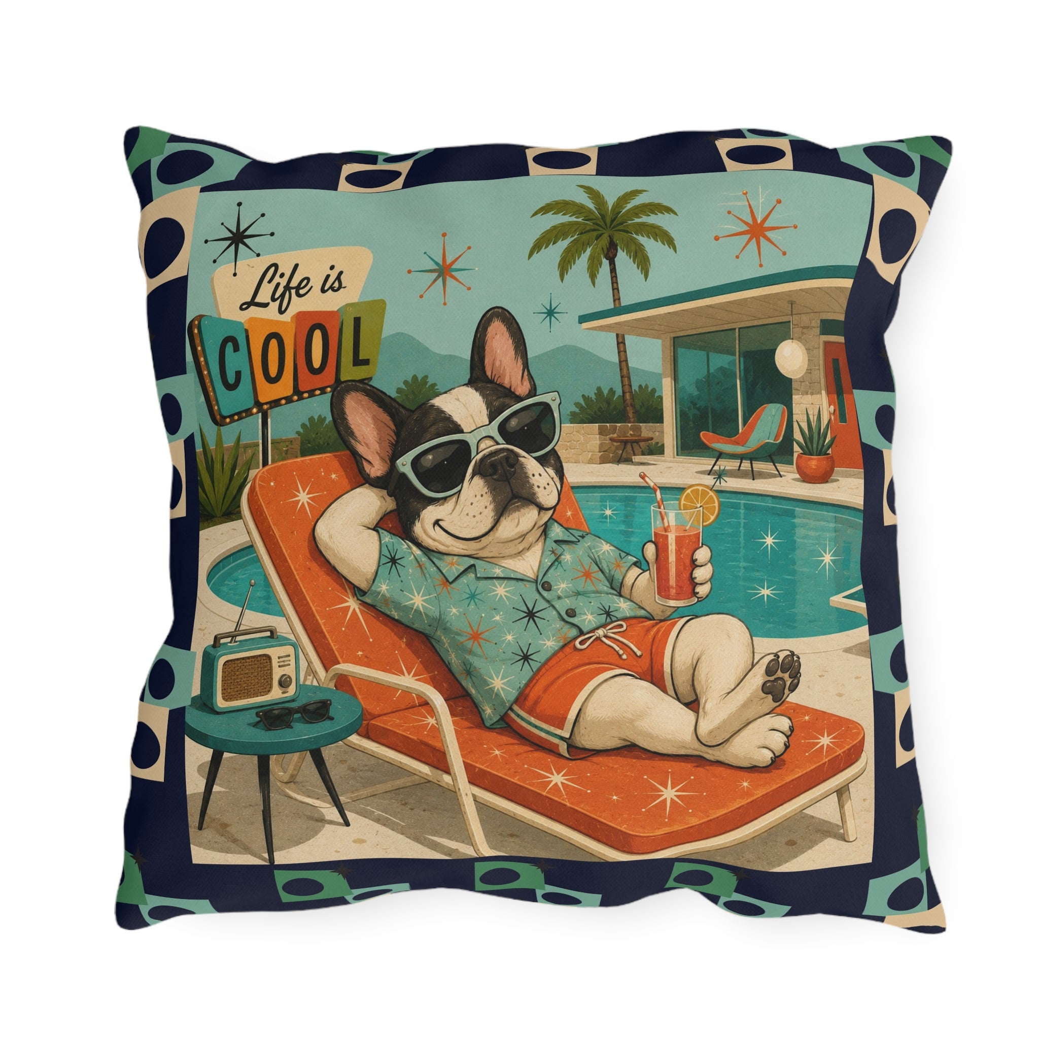 Retro French Bulldog Poolside Lounge Outdoor Pillow | Mid Century Cool