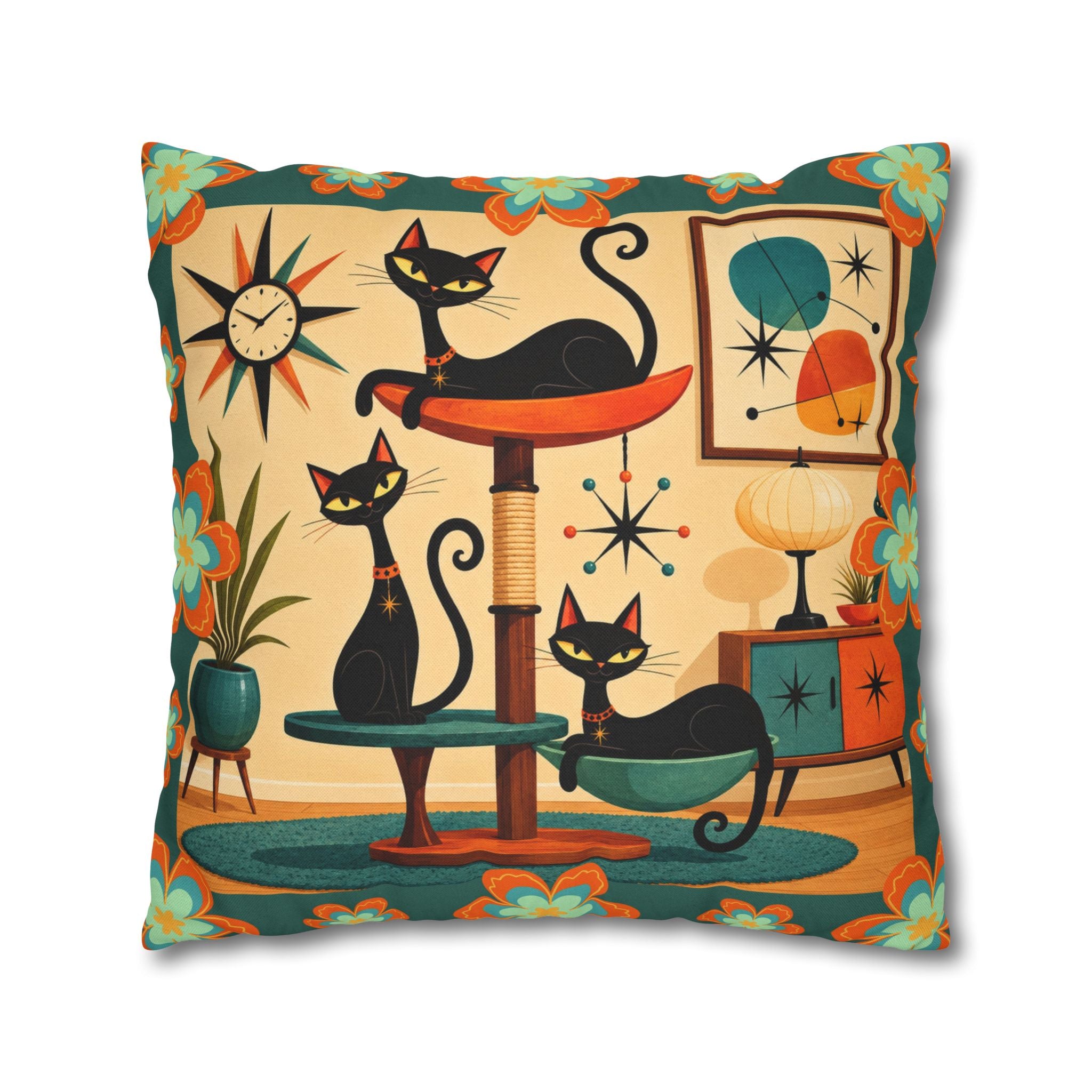 Retro Mid Century Atomic Cats pillowcase | Square Pillowcase - COVER ONLY