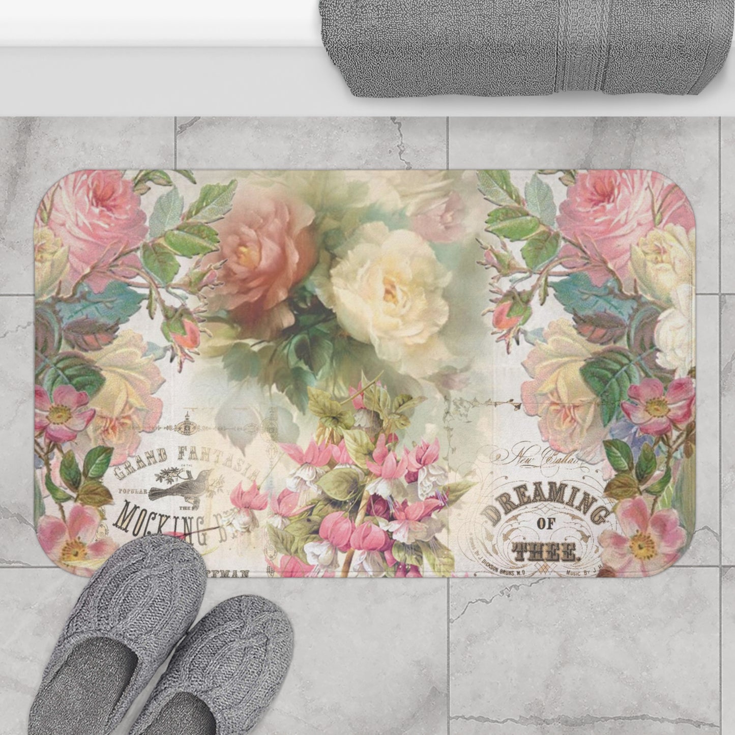 Shabby chic, vintage flowers, cottage decor, floral Bath Mat