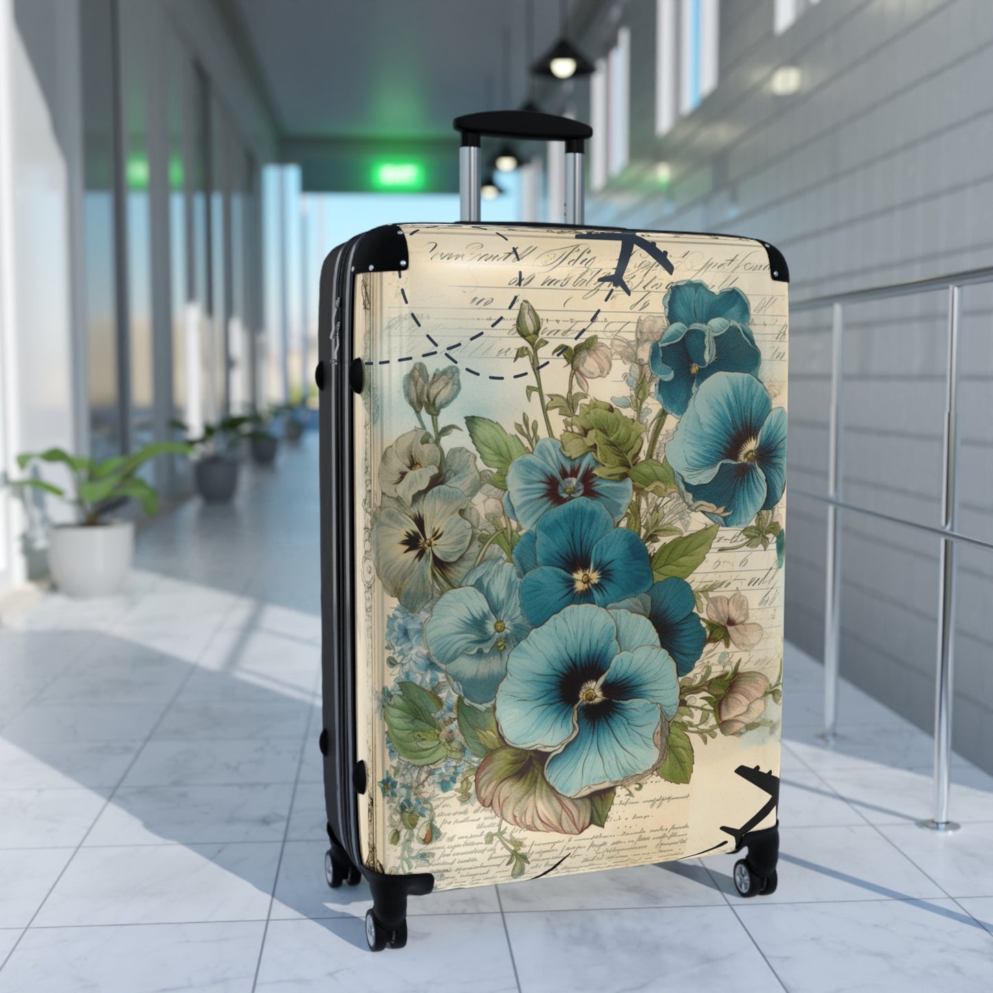 Big blue pansy Suitcase on wheels with planes, holiday weekend, carry on luggage, large roller suitcase, floral travel luggage