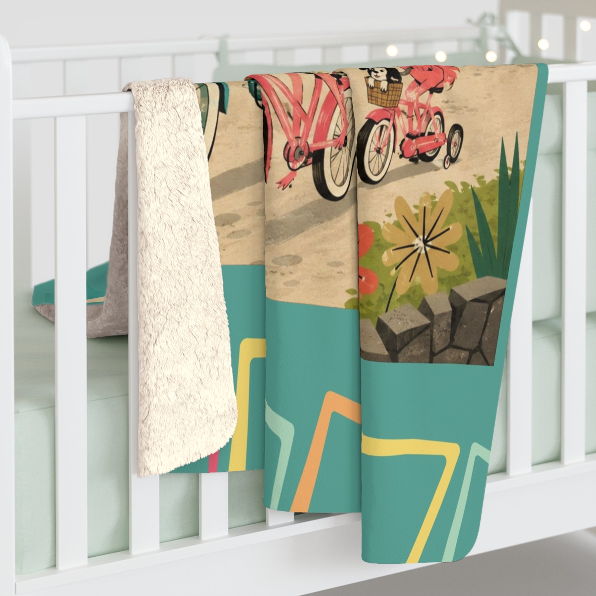 Retro Flamingo Family Bike Ride Sherpa Fleece Blanket | Vintage Tropical
