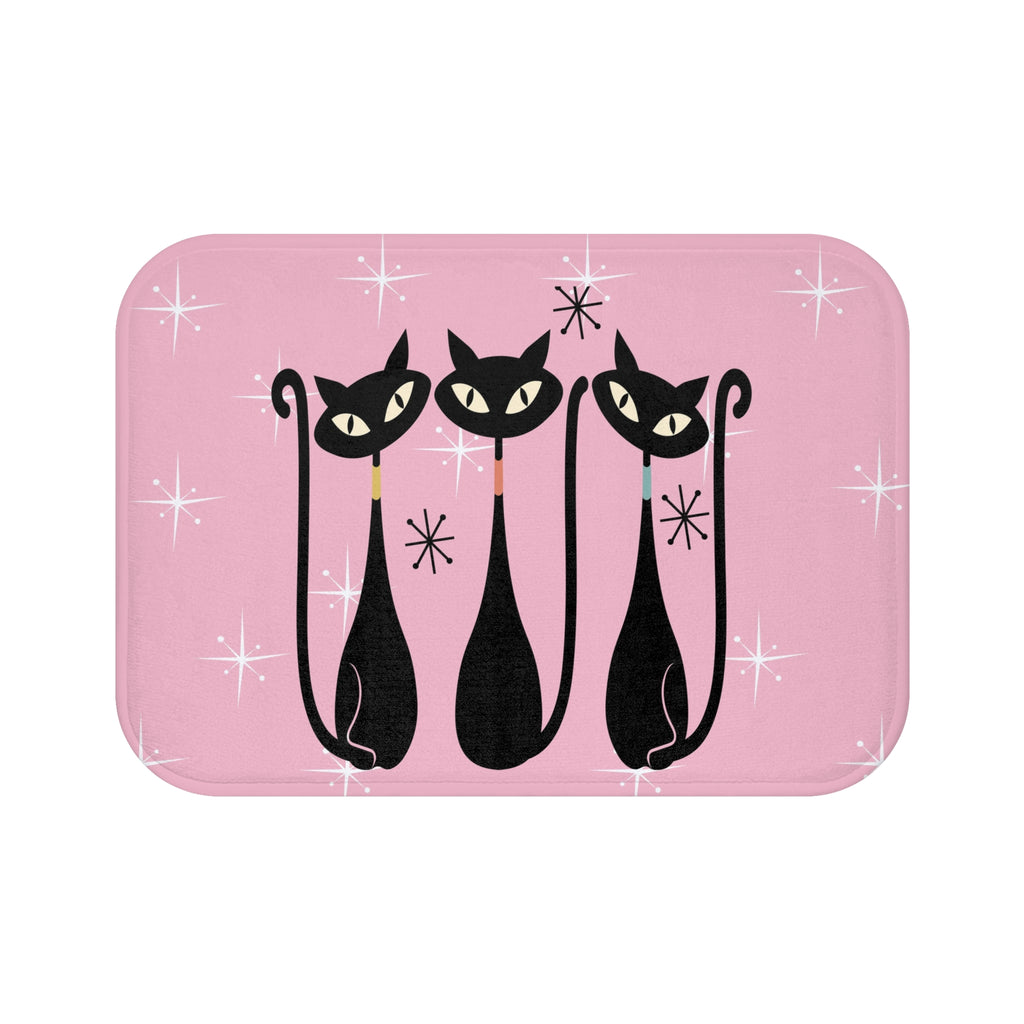 Pink Retro Black Cats Bath Mat — Mid-Century Modern Kitty Bathroom Rug