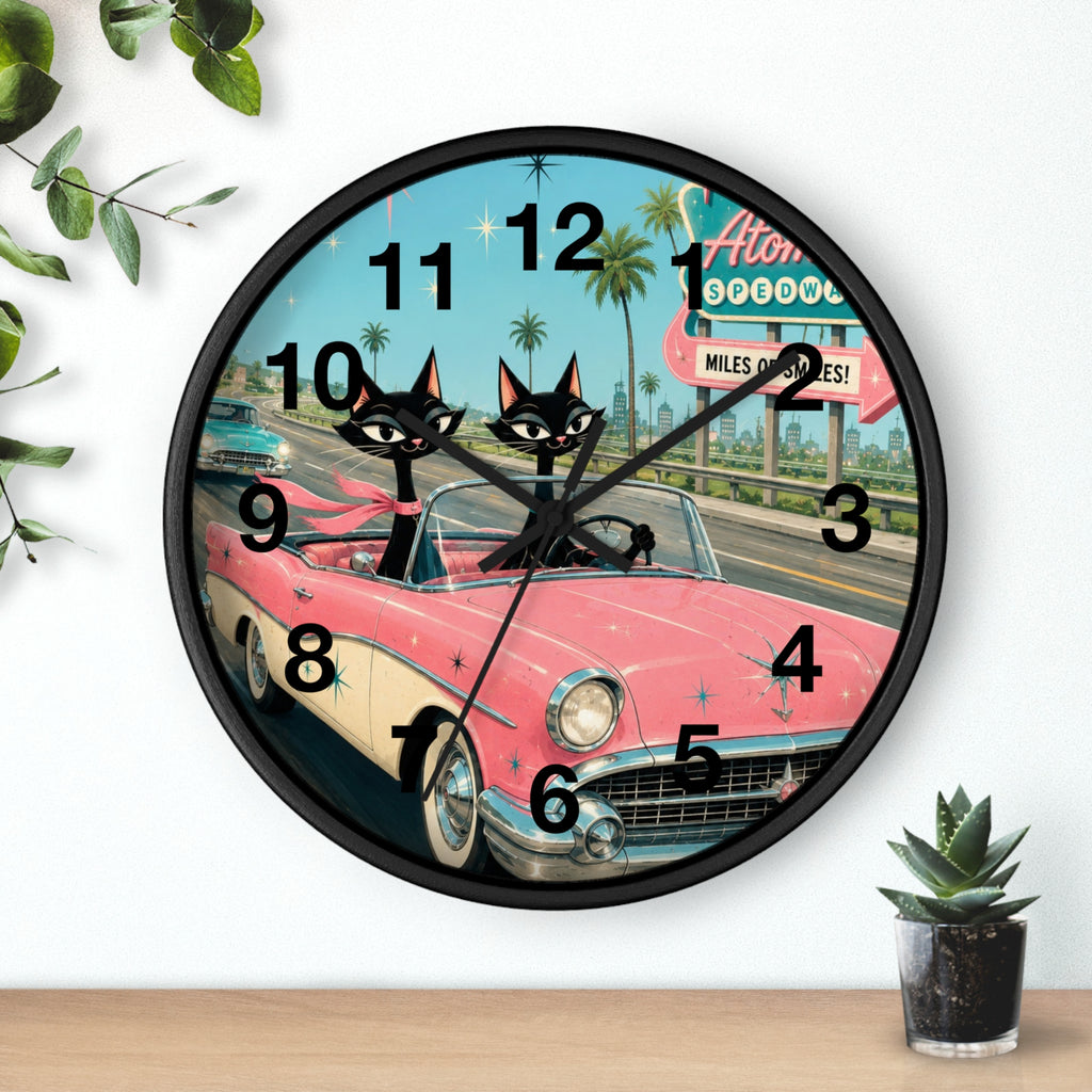 Retro Atomic Cat Roadtrip Wall Clock | Vintage Pink Convertible, Palm Trees