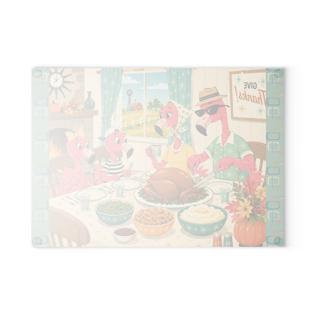 MCM Flamingo Family Thanksgiving Glass Cutting Board | Holiday Kitchen Decor