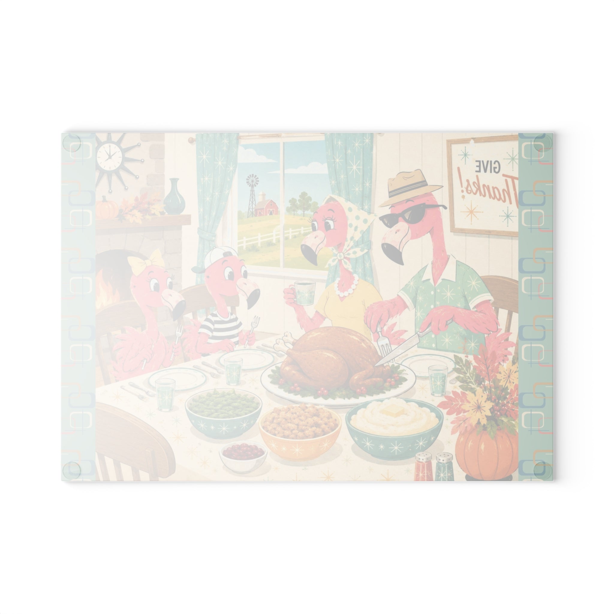 MCM Flamingo Family Thanksgiving Glass Cutting Board | Holiday Kitchen Decor