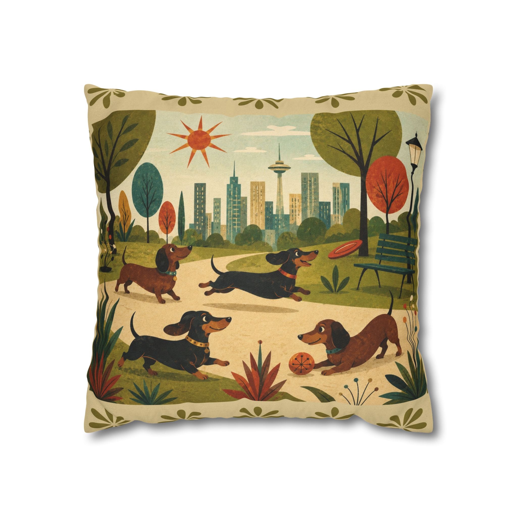 MCM Dachshund Park Scene Pillowcase | Square Decorative Throw Pillowcase - COVER ONLY