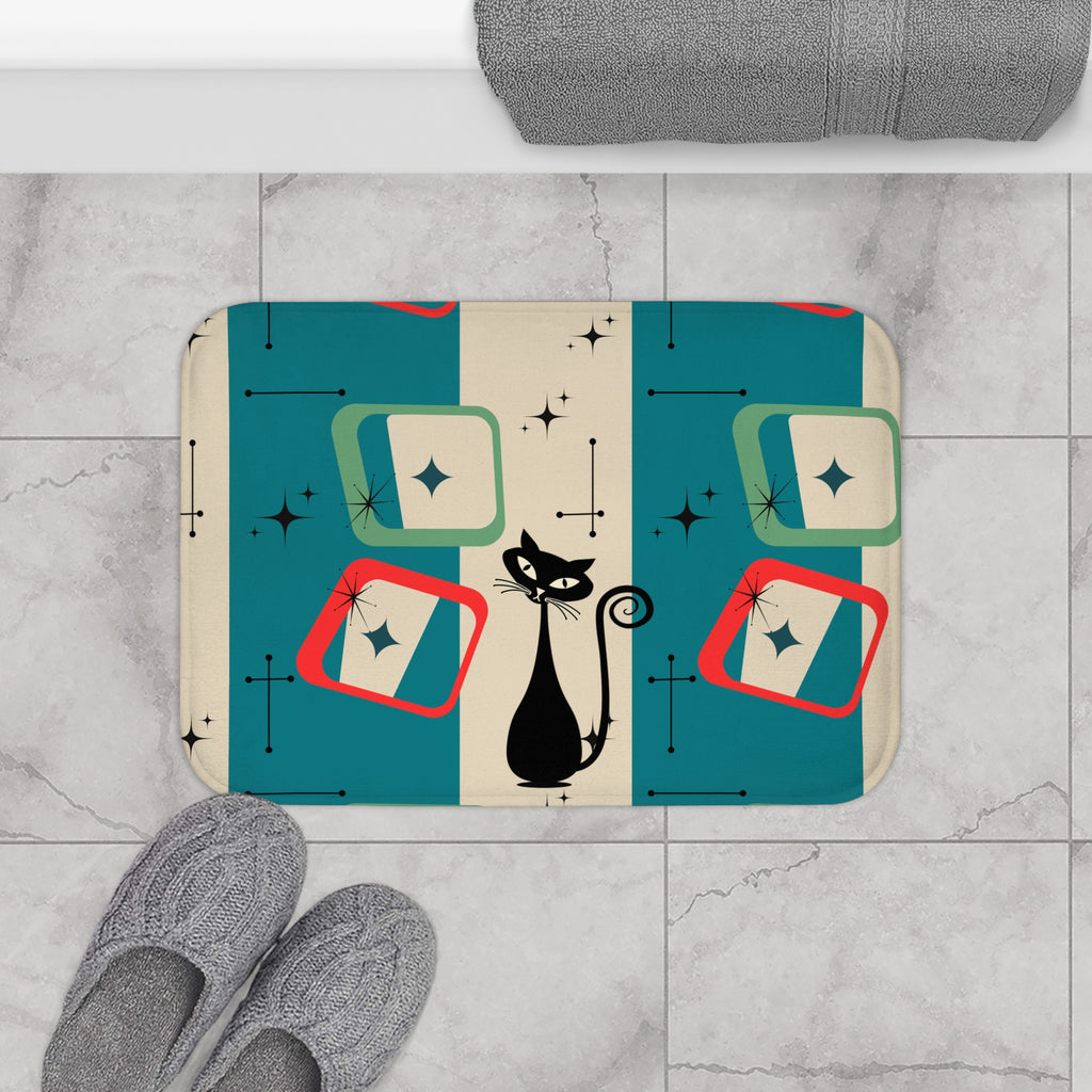 Atomic cat teal and shapes Bath Mat, retro bathroom, MCM bath mat, non slip, 50s 60s kitschy inspired, black cat lover gift
