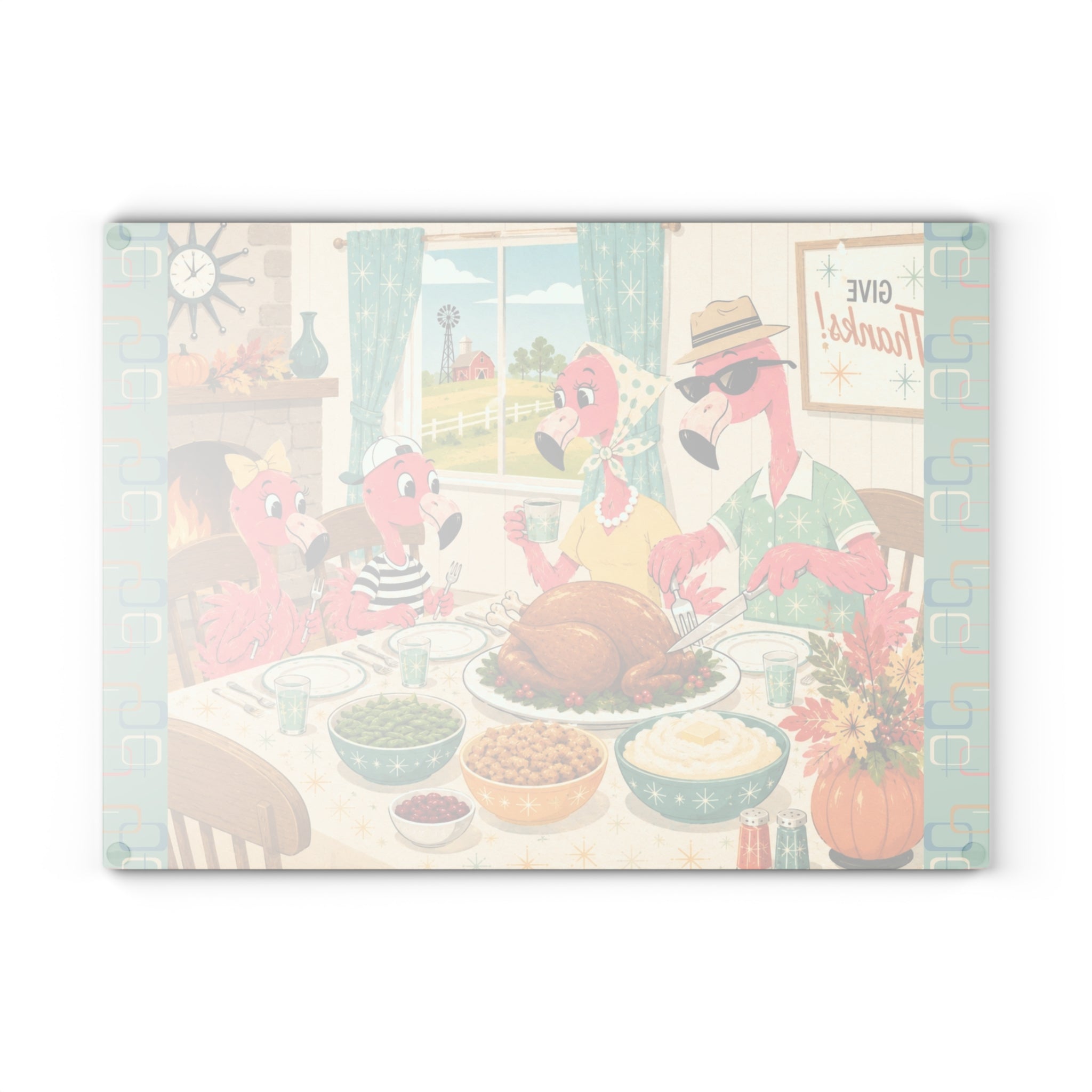 MCM Flamingo Family Thanksgiving Glass Cutting Board | Holiday Kitchen Decor