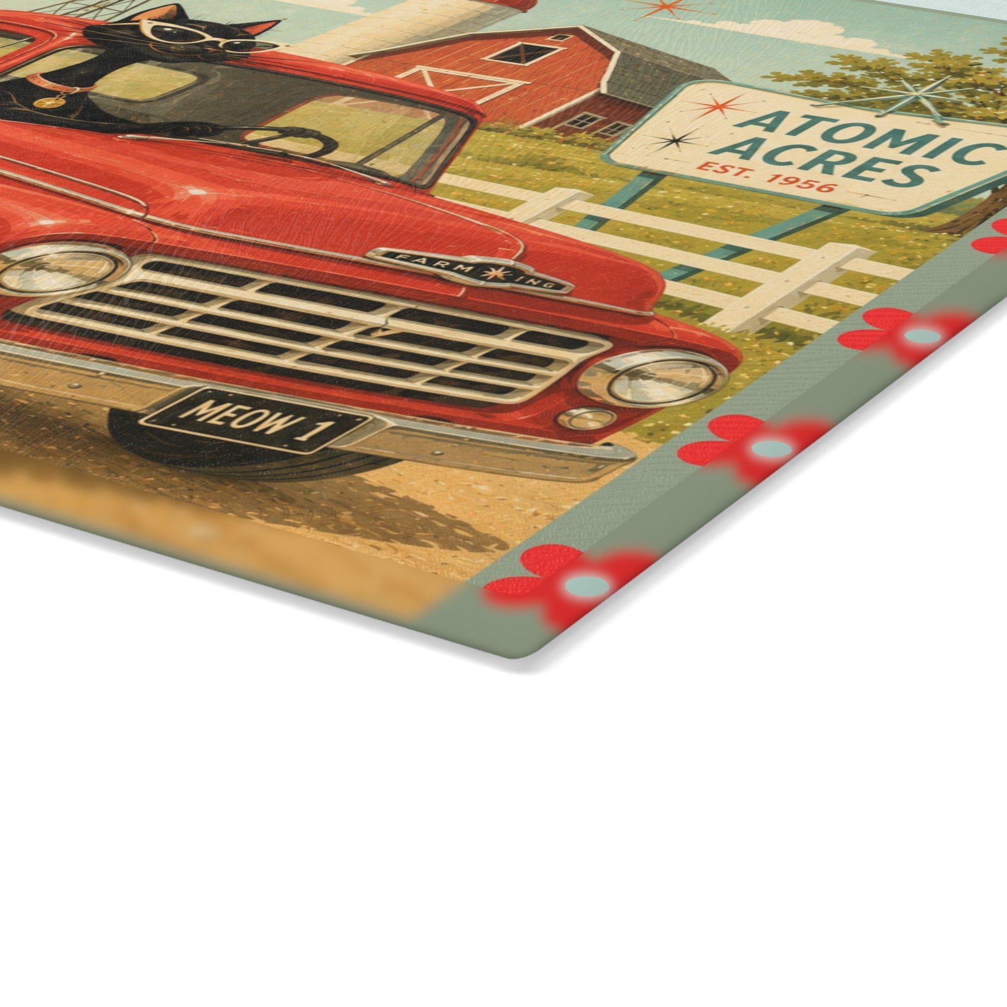 Retro Atomic Black Cats on Red Truck Glass Cutting Board | MCM Atomic Acres Farm