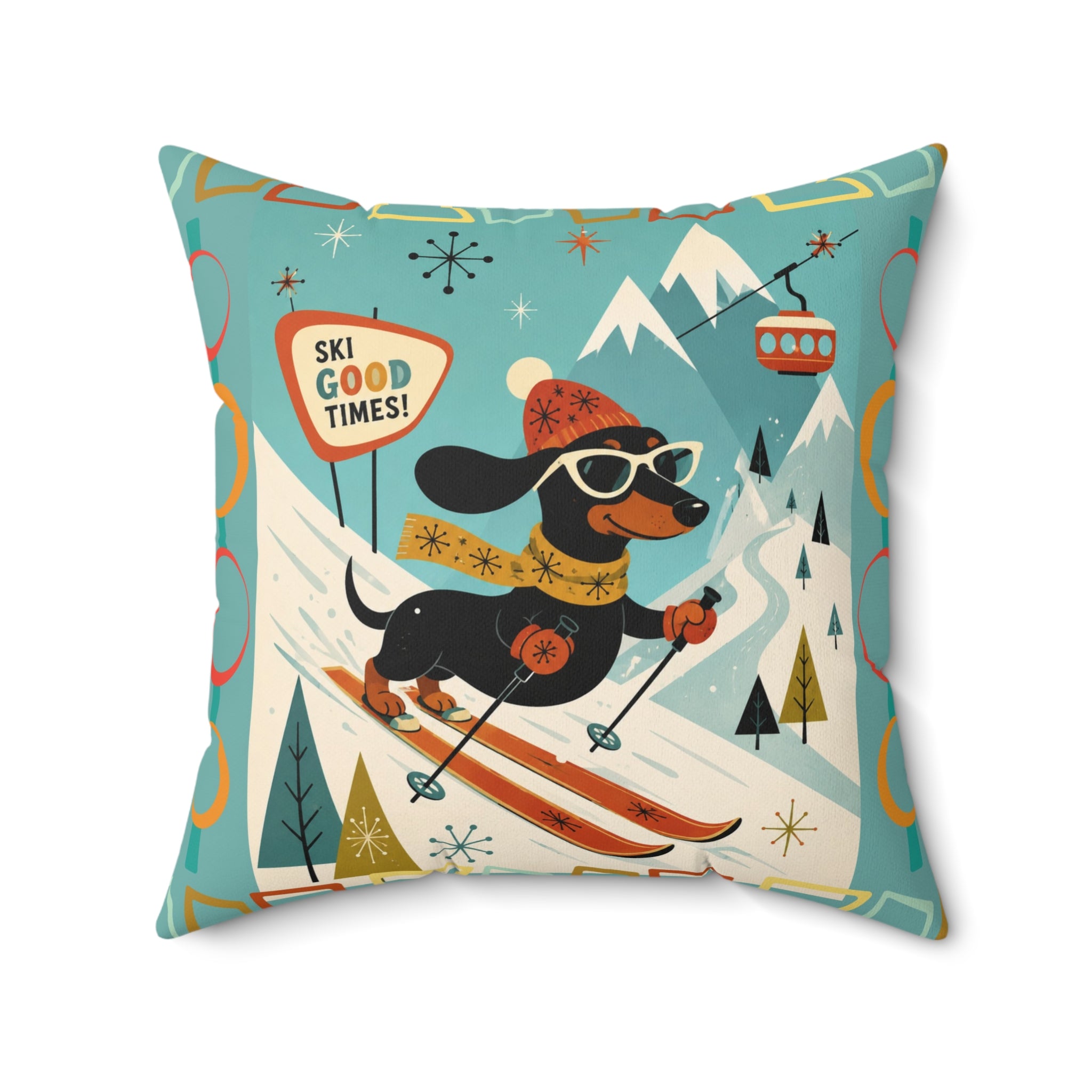 MCM Skiing Dachshund Pillow | Square Polyester Throw Pillow, Retro Winter Ski Art