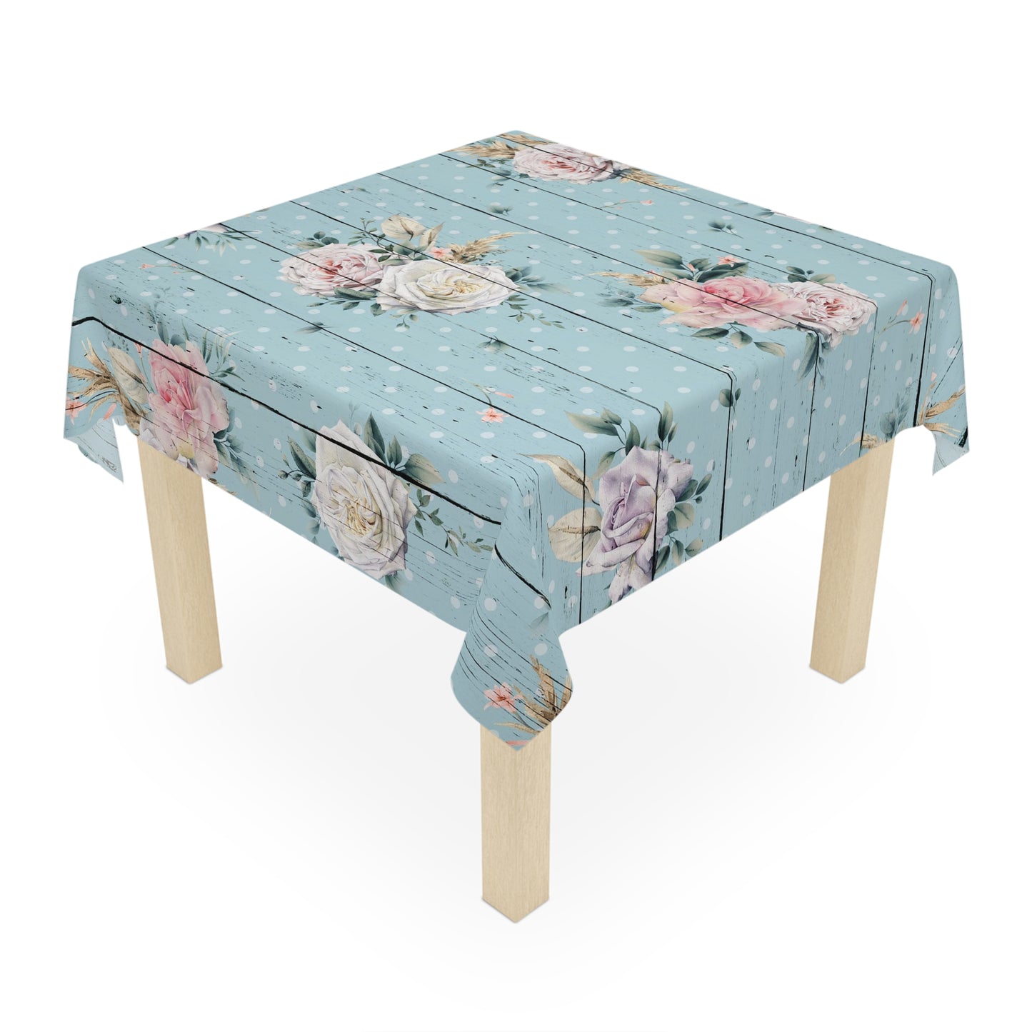 Blue with vintage pink roses on a wood grain look shabby chic style dining room tablecloth