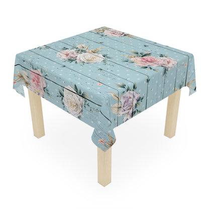 Blue with vintage pink roses on a wood grain look shabby chic style dining room tablecloth