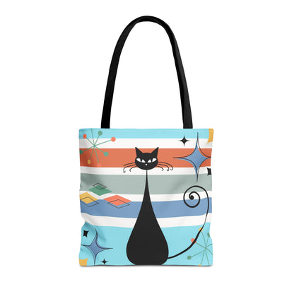 Atomic cat retro tote bag, black cat lover, mid century modern tote carry bag