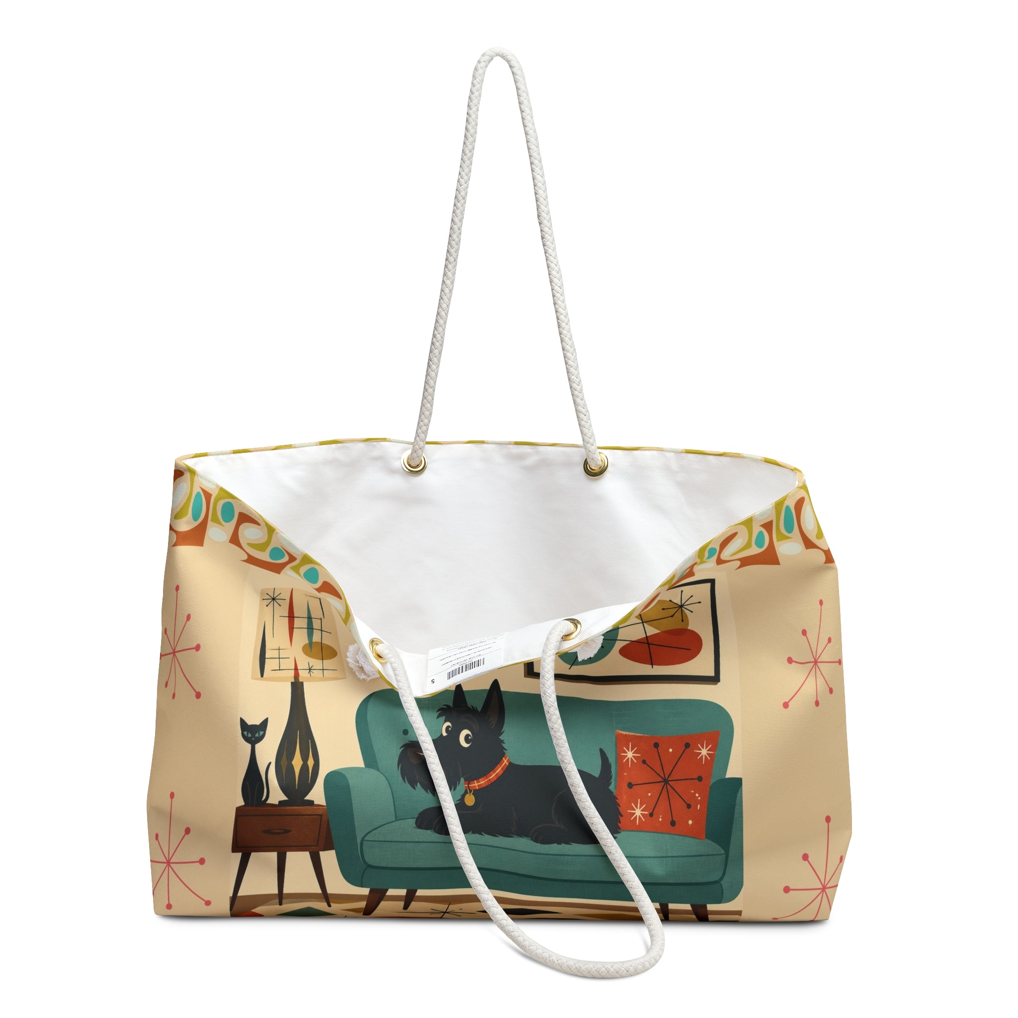 Mid Century Living Room Scottie Dog Weekender Bag | Retro Atomic Home Decor Tote