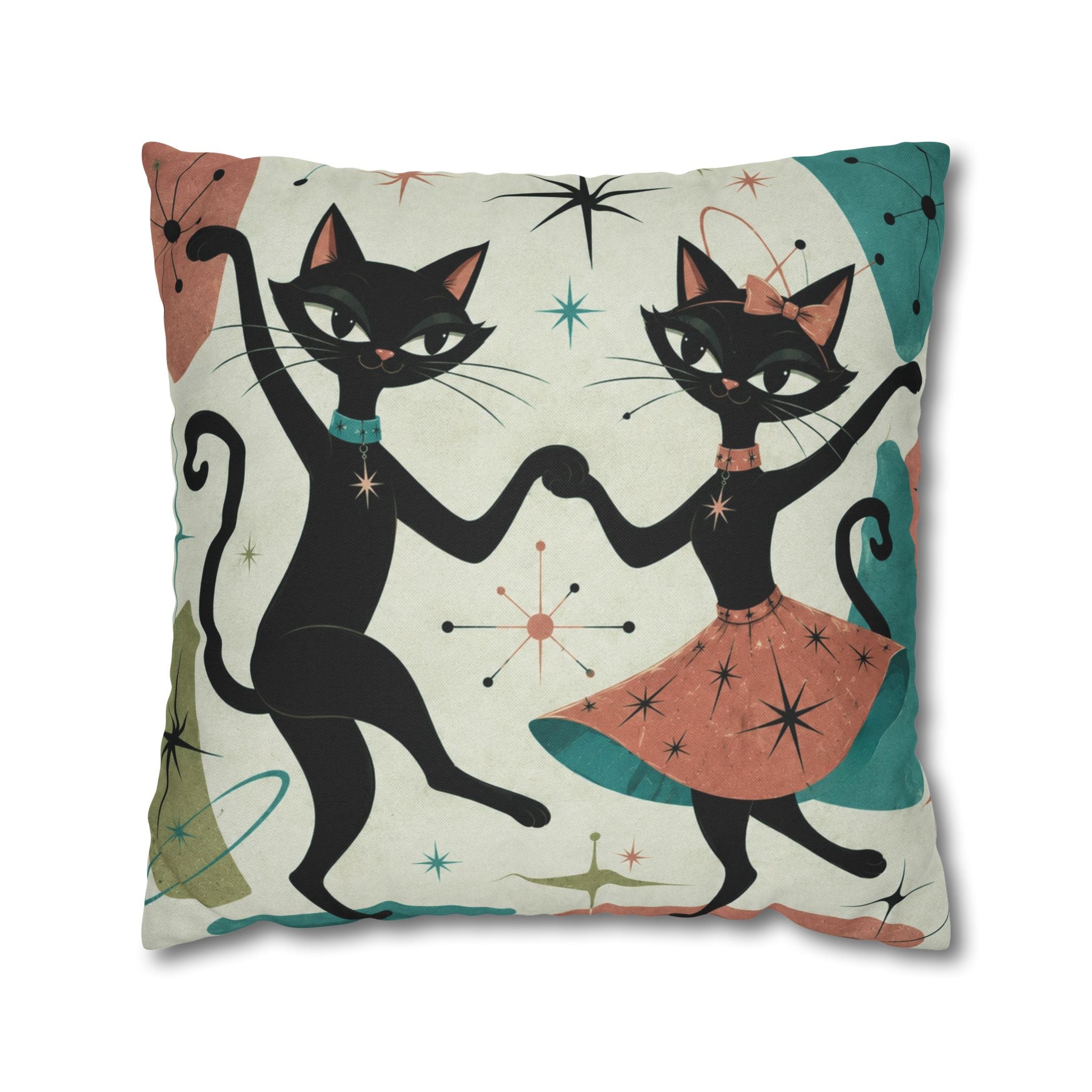 Dancing Retro Atomic Black Cats Pillowcase | Square Throw Pillowcase - COVER ONLY