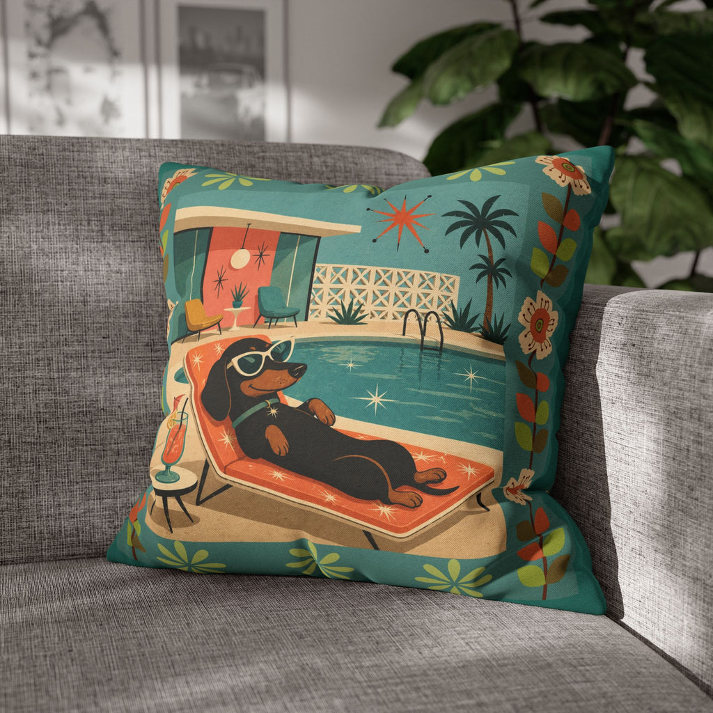 Retro Dachshund Pool Lounge Pillowcase | Square Pillowcase - COVER ONLY - Indoor Use
