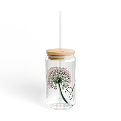 Personalized Dandelion flower can style Sipper Glass, 16oz, floral glass, named drinking glass, iced coffee cup