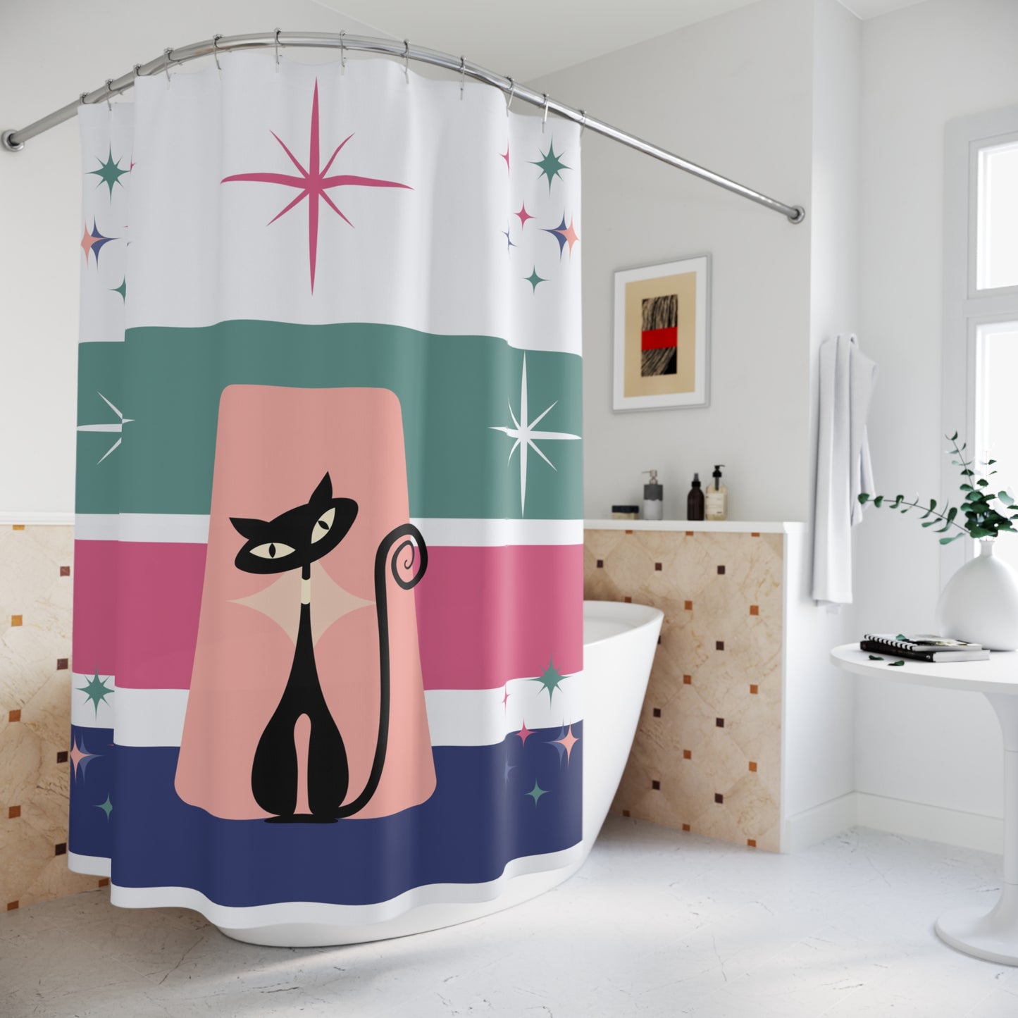 Atomic cat pink teal blue retro Shower Curtain, MCM bathroom, bathtub, Mid Century Modern, 50s 60s inspired, kitschy, black cat lover gift