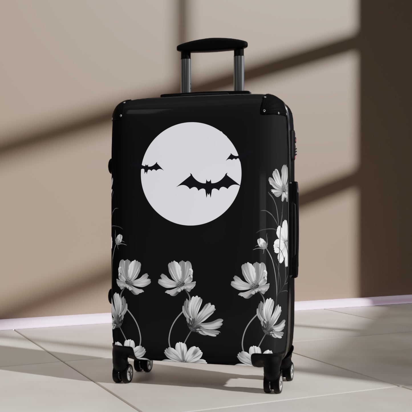 Gothic Suitcase on wheels, halloween theme, travel luggage, bats, floral carry on bag, secure lockable suitcase, holiday case