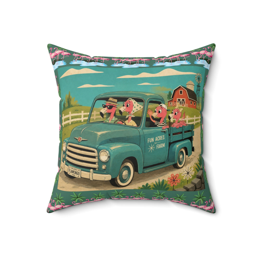 MCM Pink Flamingo Vintage Farm Truck Pillow | Retro Pickup with Farm Animals
