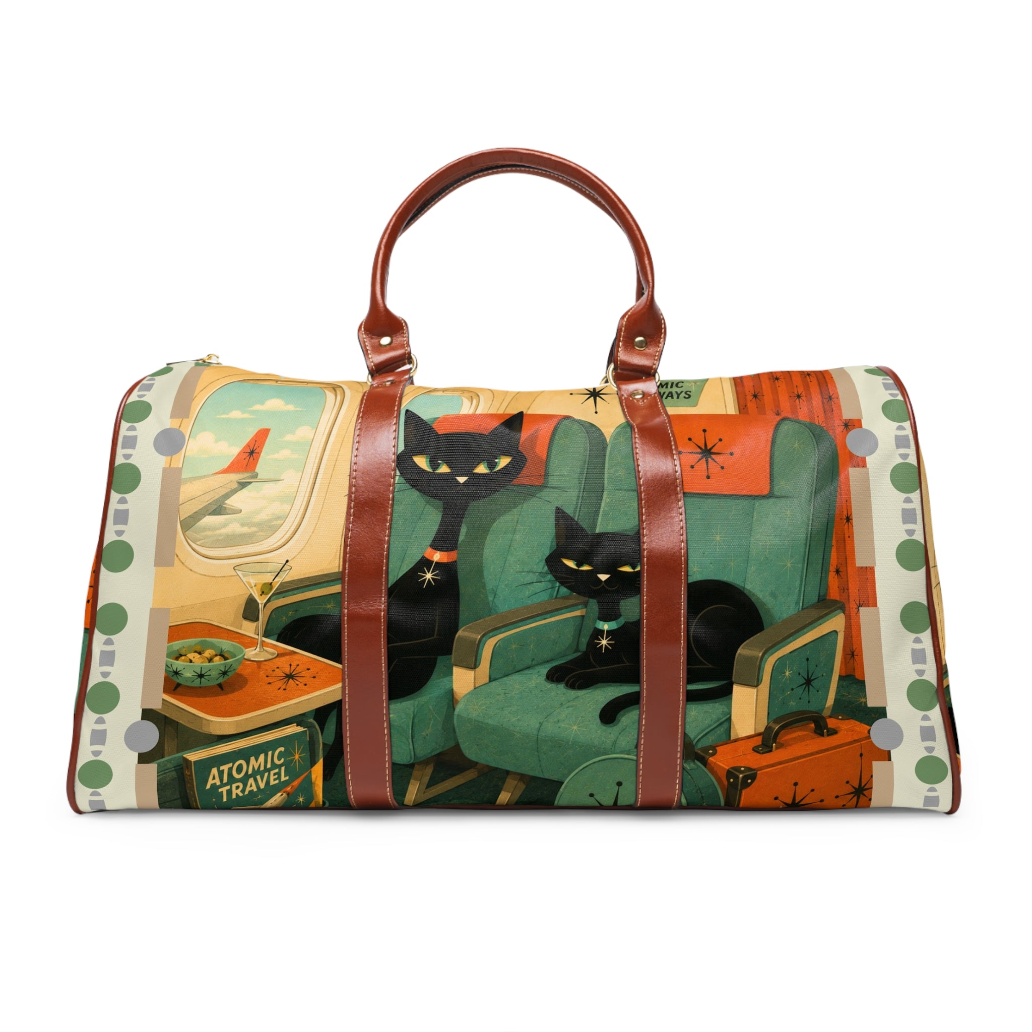 Retro Black Atomic Cats Travel Illustration Waterproof Travel Bag | Midcentury Plane Scene