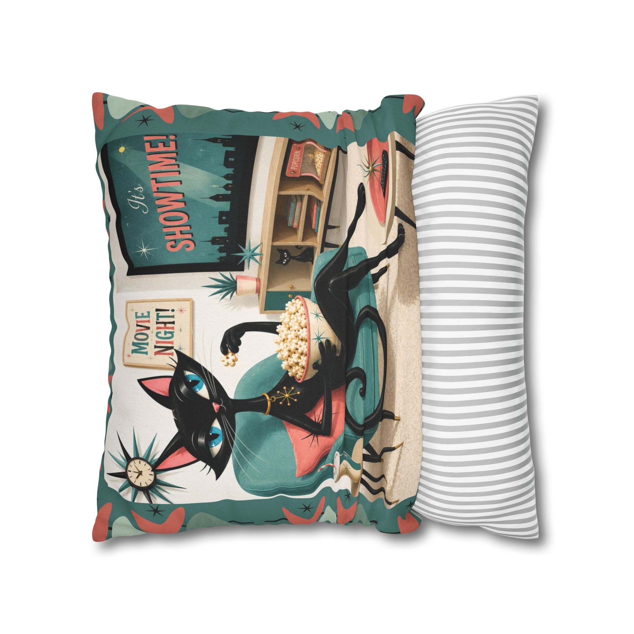 Retro atomic Black Cat Movie Night Pillowcase | MCM Square Pillowcase - Indoor use