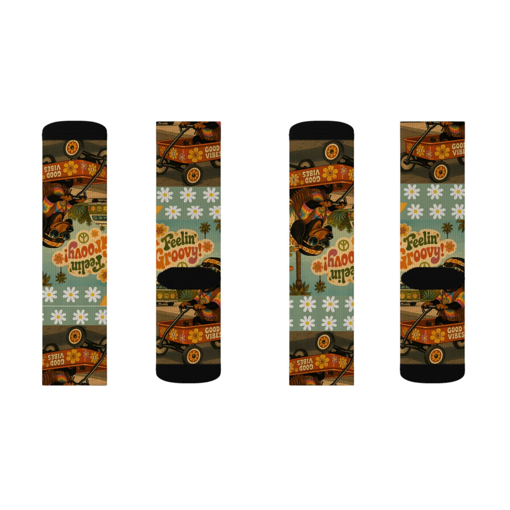 Feelin' Groovy Retro Dachshund Illustration Socks | Vintage Hippie Floral Pattern