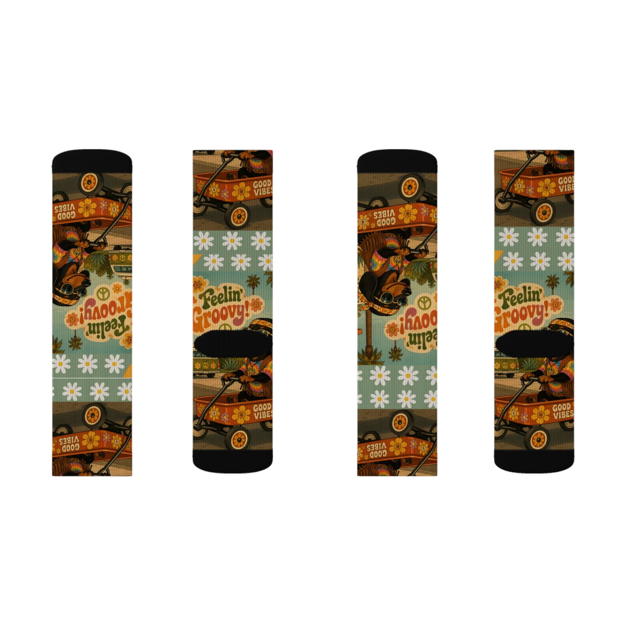 Feelin' Groovy Retro Dachshund Illustration Socks | Vintage Hippie Floral Pattern