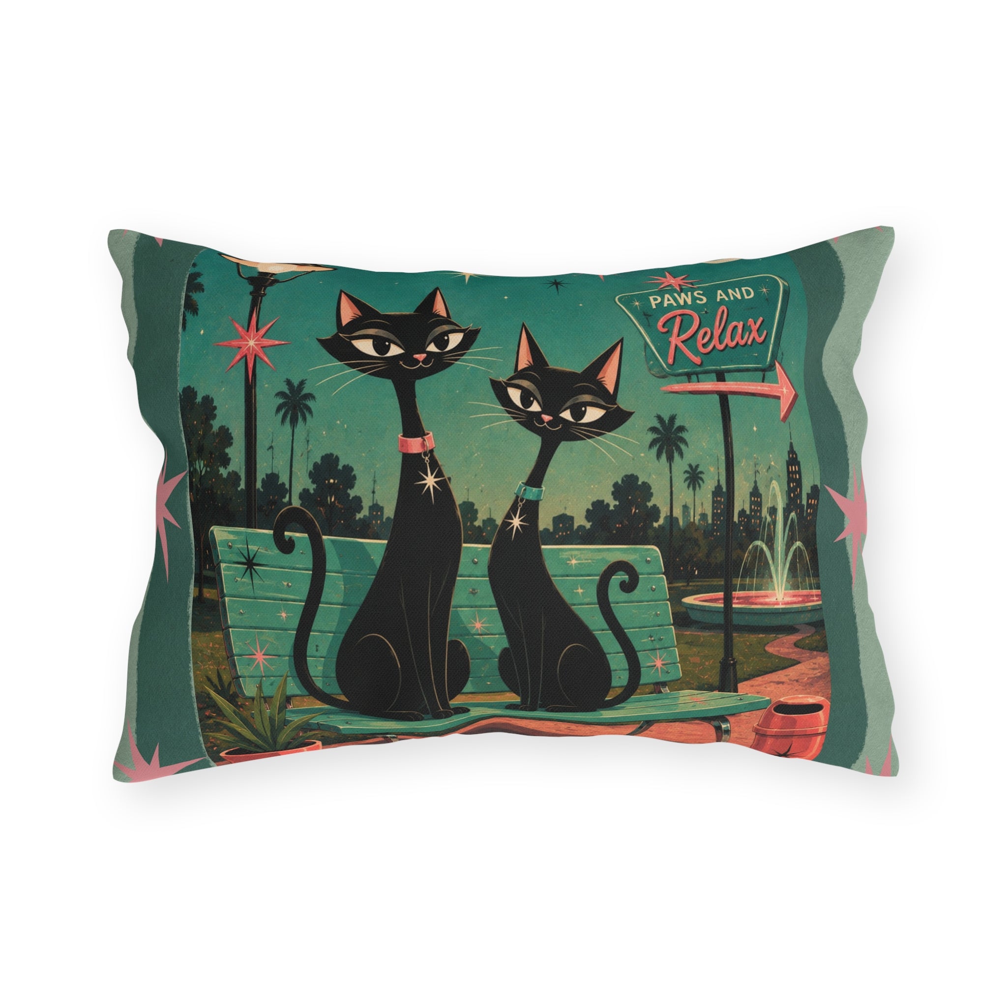 Retro Black Cats Outdoor Pillow | Mid Century Park 'Paws and Relax'