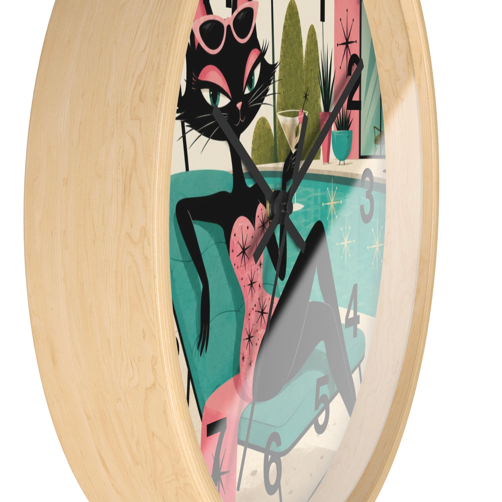 Retro Atomic Cat Lounge Wall Clock | Mid Century Modern Poolside Cat Art