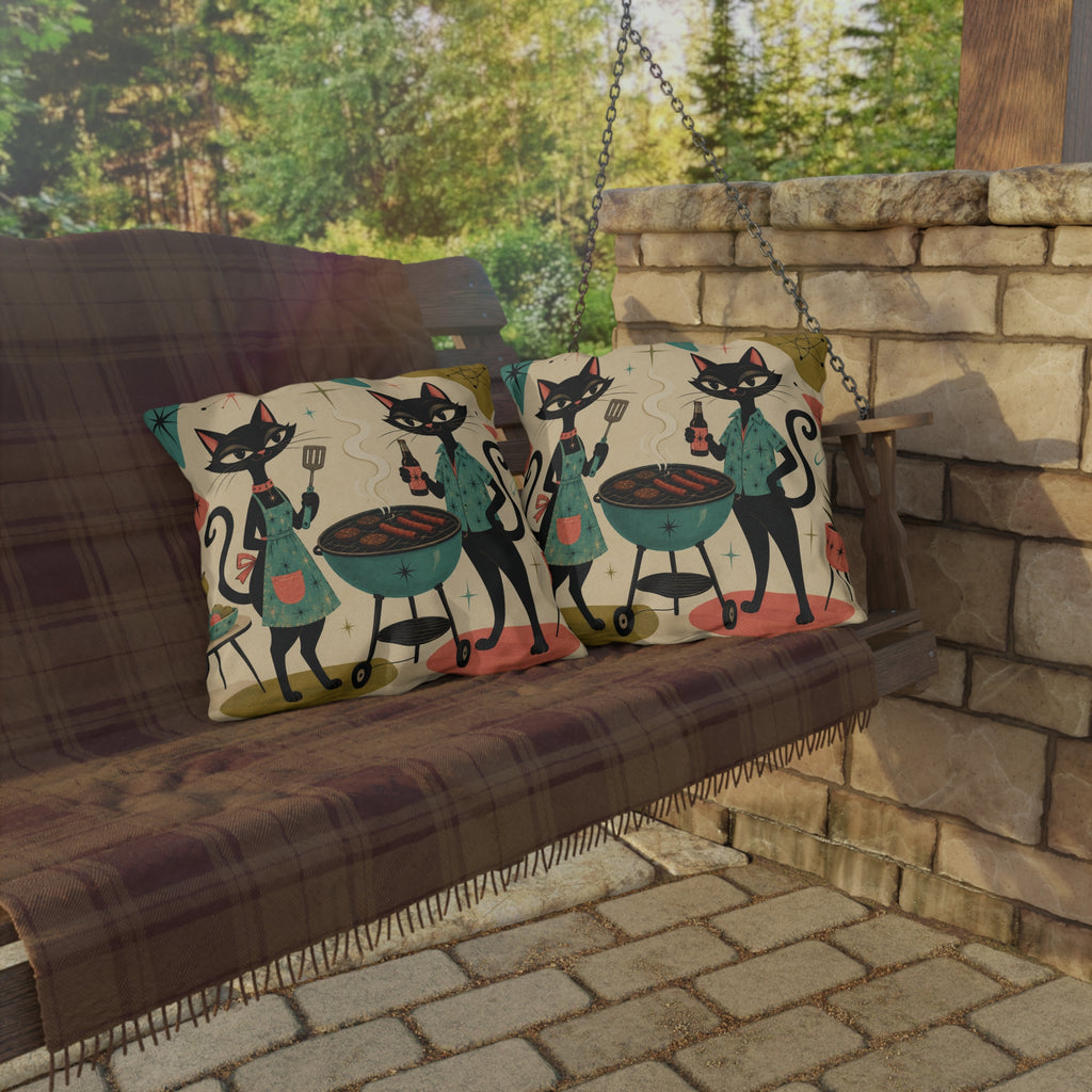Retro Atomic Black Cats BBQ Outdoor Pillow | Mid Century Modern Cat Grill Decorative Cushion